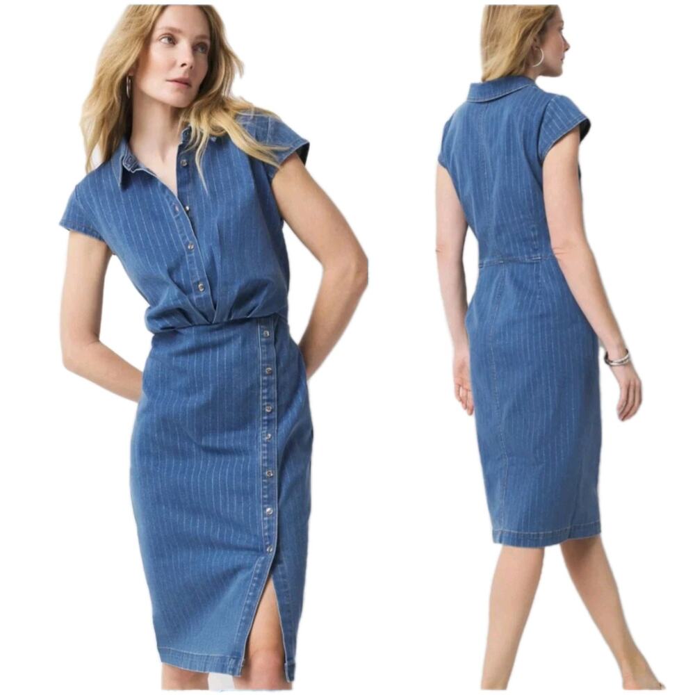 WHBM New Pinstripe Denim Shirtdress Faux Button Front Dress Size 2